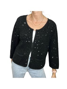 Windsmoor black cotton blend sequin cropped 3/4 sleeve cardigan sweater L
